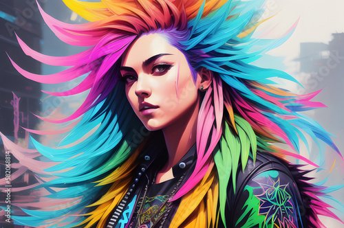 Female cyberpunk portrait, a woman with long colorful hair. Generative AI.  © Victoria Key
