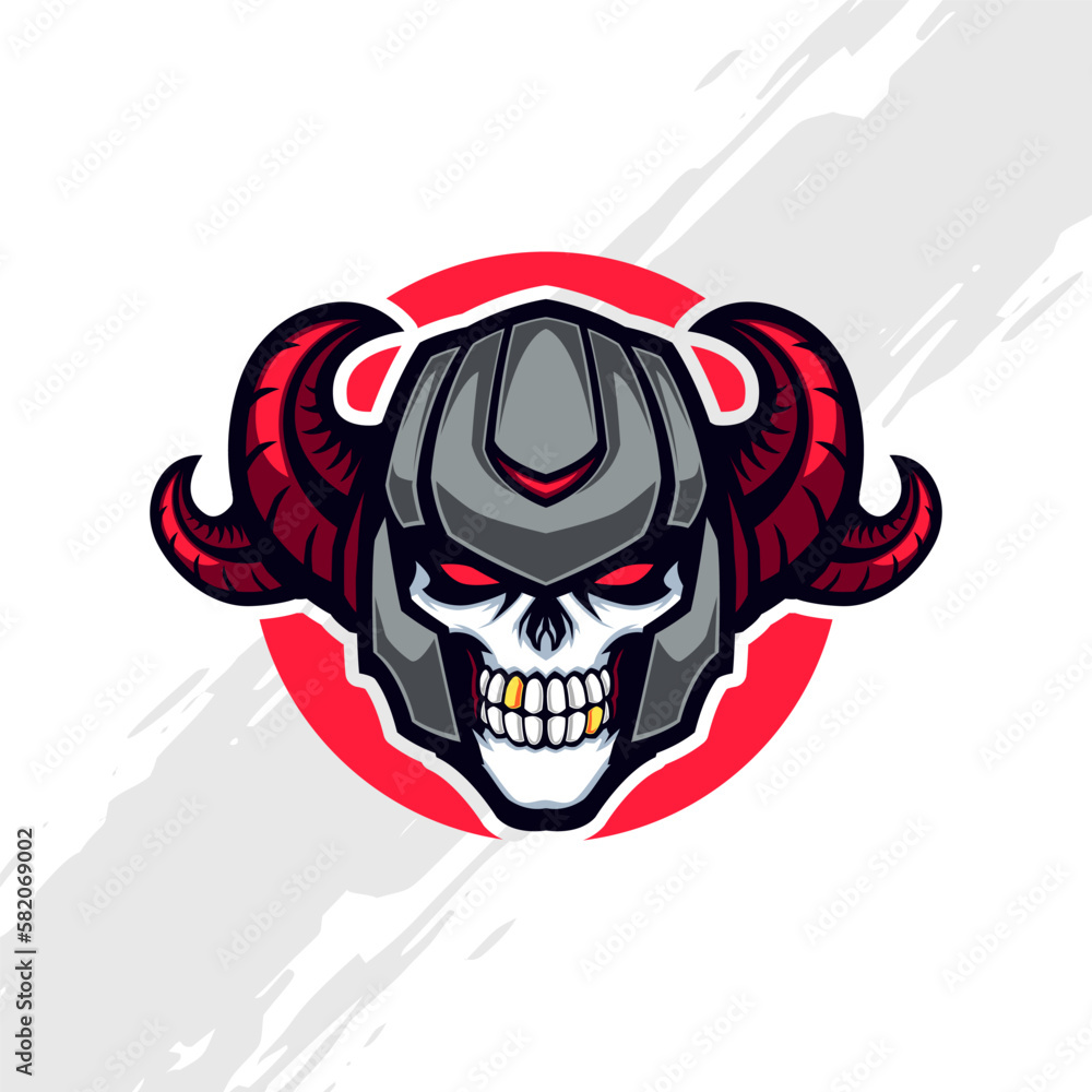 Skull Warrior Mascot Wearing a Black Helmet with Red Horns