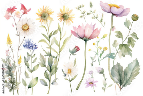 delicate watercolor beautiful meadow flowers on white background. generative ai