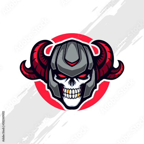 Skull Warrior Mascot Wearing a Black Helmet with Red Horns