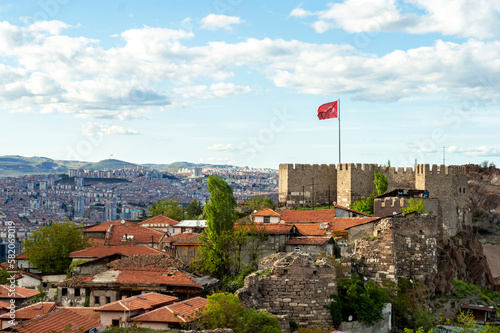 Ankara castle and waving crescent and star Turkish flag
