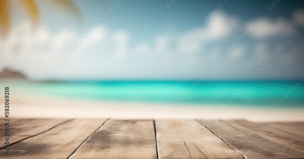 Obraz premium Empty wooden table in front of blurred paradisiac beach made with Generative AI.