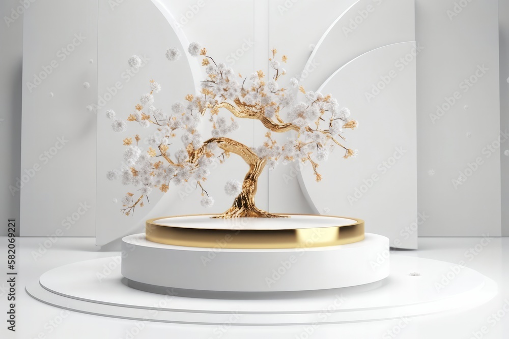 white podium with cherry tree made with generative ai white podium with cherry tree made with generative ai
