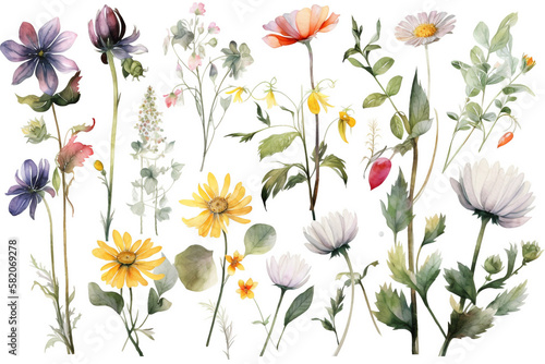 delicate watercolor beautiful meadow flowers on white background. generative ai