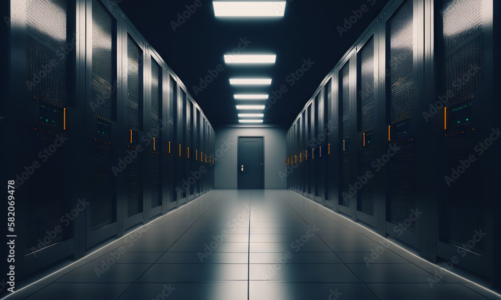 Obraz premium Dark servers data center room with computers. Storage systems corridor interior with glowing elements. Generative ai