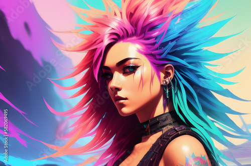 Female cyberpunk portrait, a woman with long colorful hair. Generative AI. 