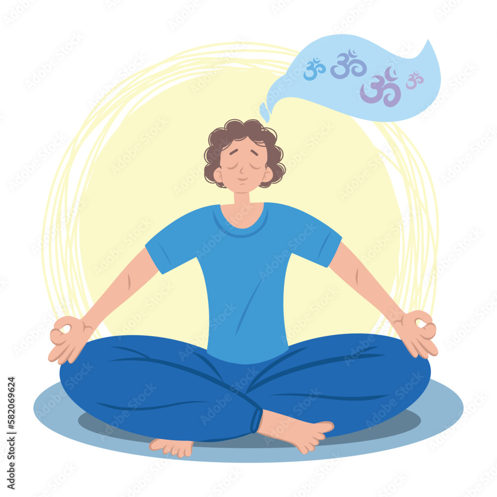 A young guy in the lotus yoga pose meditates on the sound of Om. Doing yoga. Mental health. Vector flat illustration.