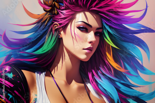 Female cyberpunk portrait  a woman with long colorful hair. Generative AI. 