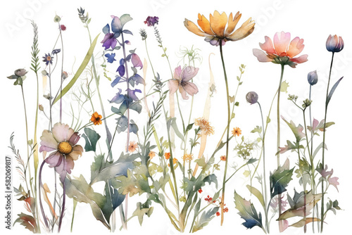 delicate watercolor beautiful meadow flowers on white background. generative ai