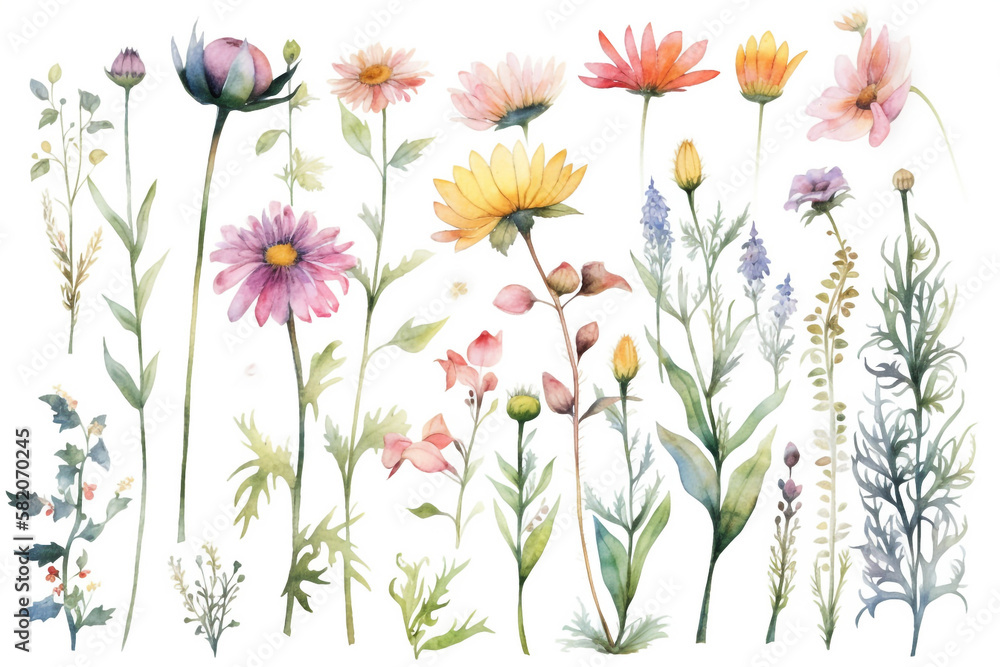 delicate watercolor beautiful meadow flowers on white background. generative ai delicate watercolor beautiful meadow flowers on white background. generative ai