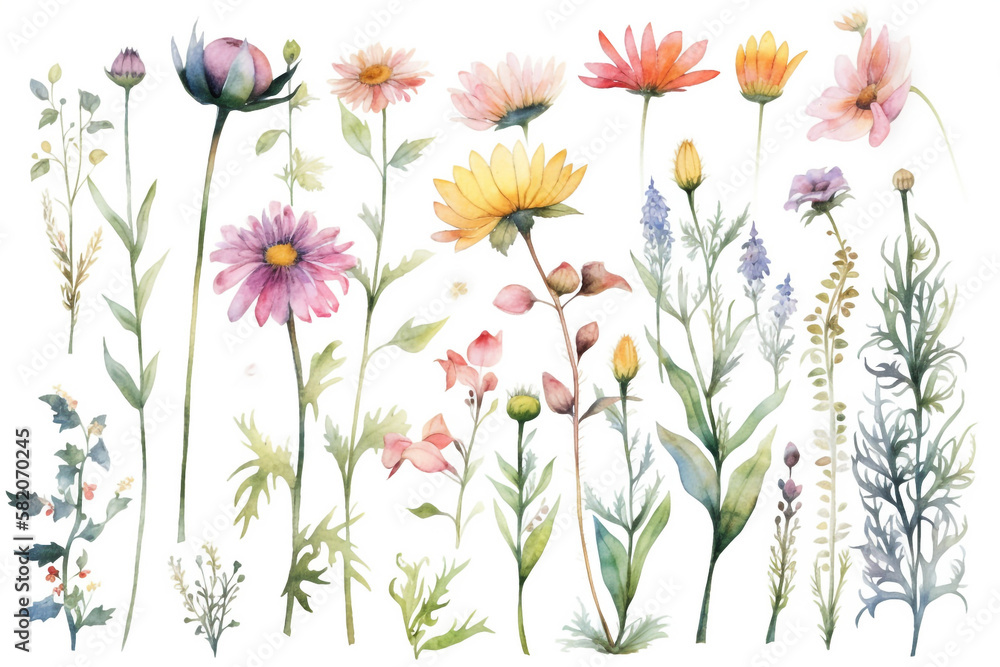 delicate watercolor beautiful meadow flowers on white background. generative ai