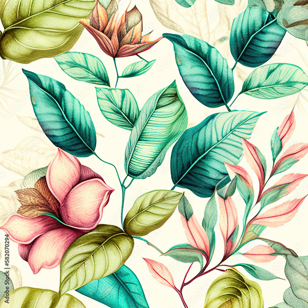 Fototapeta premium Leaf pattern on a white background in watercolor style at pastel colors generated AI. Illustration for design, postcard or print.