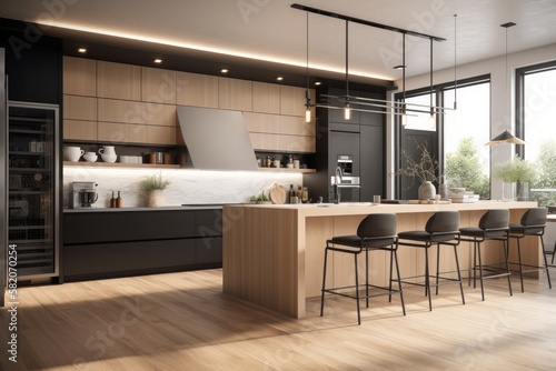 Moderne Küche mit Kochinsel und Fenster 