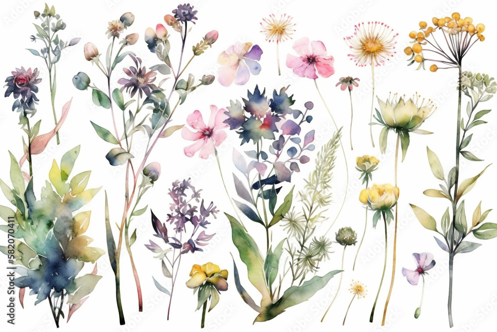 Fototapeta premium delicate watercolor beautiful meadow flowers on white background. generative ai