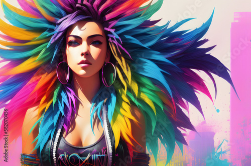 Female cyberpunk portrait, a woman with long colorful hair. Generative AI. 