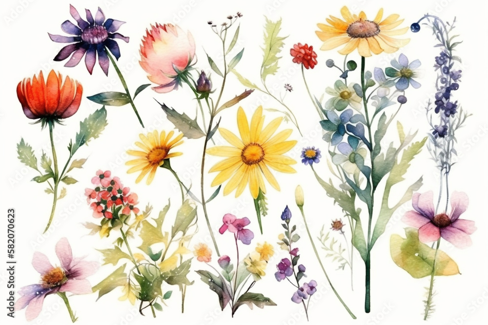 delicate watercolor beautiful meadow flowers on white background. generative ai delicate watercolor beautiful meadow flowers on white background. generative ai