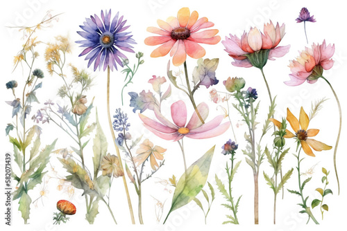 delicate watercolor beautiful meadow flowers on white background. generative ai