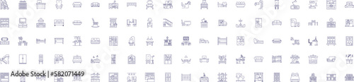Furniture line icons signs set. Design collection of Chair, Table, Desk, Couch, Sofa, Bed, Unit, Ottoman outline concept vector illustrations