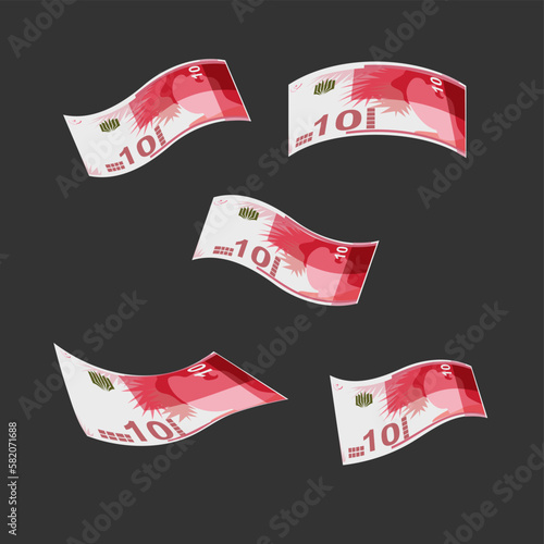 New Israeli Sheqel Vector Illustration. Indonesia, Timor-Leste money set bundle banknotes. Falling, flying money 10 ILS. Flat style. Isolated on white background. Simple minimal design.