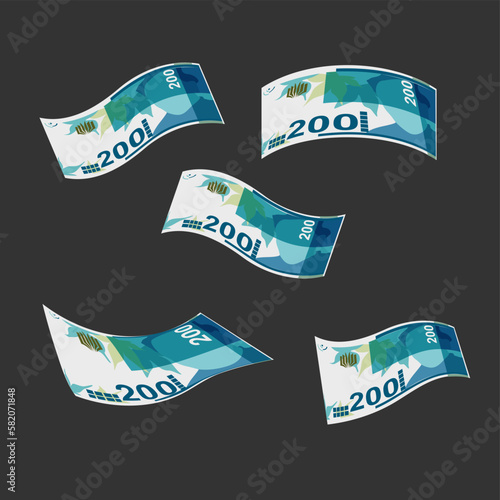 New Israeli Sheqel Vector Illustration. Indonesia, Timor-Leste money set bundle banknotes. Falling, flying money 200 ILS. Flat style. Isolated on white background. Simple minimal design.