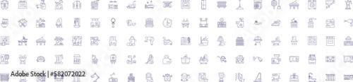 Home equipment line icons signs set. Design collection of Furniture, Appliances, Stove, Refrigerator, TV, Lights, Chimney, Fan outline concept vector illustrations
