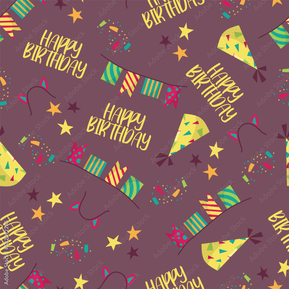 Seamless pattern for birthday celebration. Hand drawn style. With the image of confetti, stars, garlands, a festive cap. On a dark background. Seamless pattern for birthday celebration. Hand drawn style. With the image of confetti, stars, garlands, a festive cap. On a dark background.