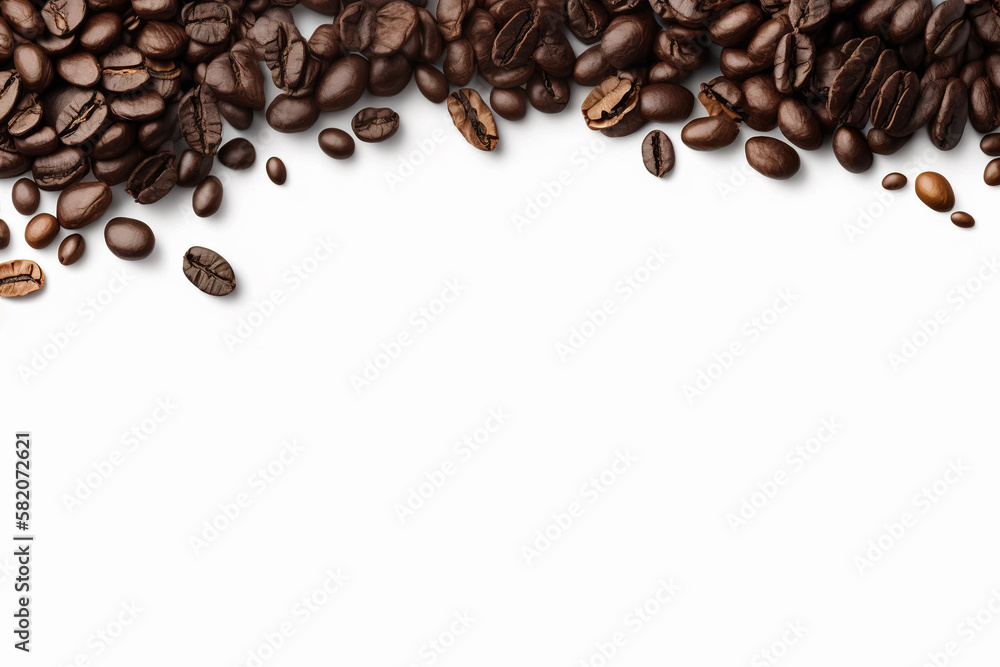Roasted coffee beans on white background with copy space. Created with Generative AI Technology Roasted coffee beans on white background with copy space. Created with Generative AI Technology