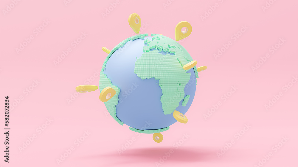Earth globe green blue with yellow pinpoints or pin map . location point marker of shipment or travel concept. Clipping path. 3d Render. Earth globe green blue with yellow pinpoints or pin map . location point marker of shipment or travel concept. Clipping path. 3d Render.