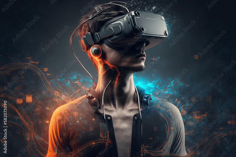 Virtual reality technology vr headset metaverse concept idea. Ai generated. Not made from an actual person