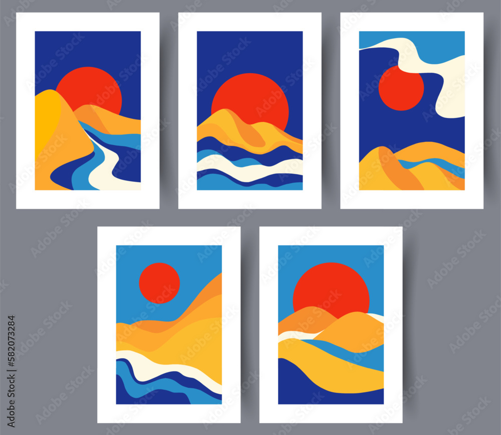 Landscape sunset pictorial sun wall art print. Printable minimal abstract poster. Wall artwork for interior design. Contemporary decorative background. 