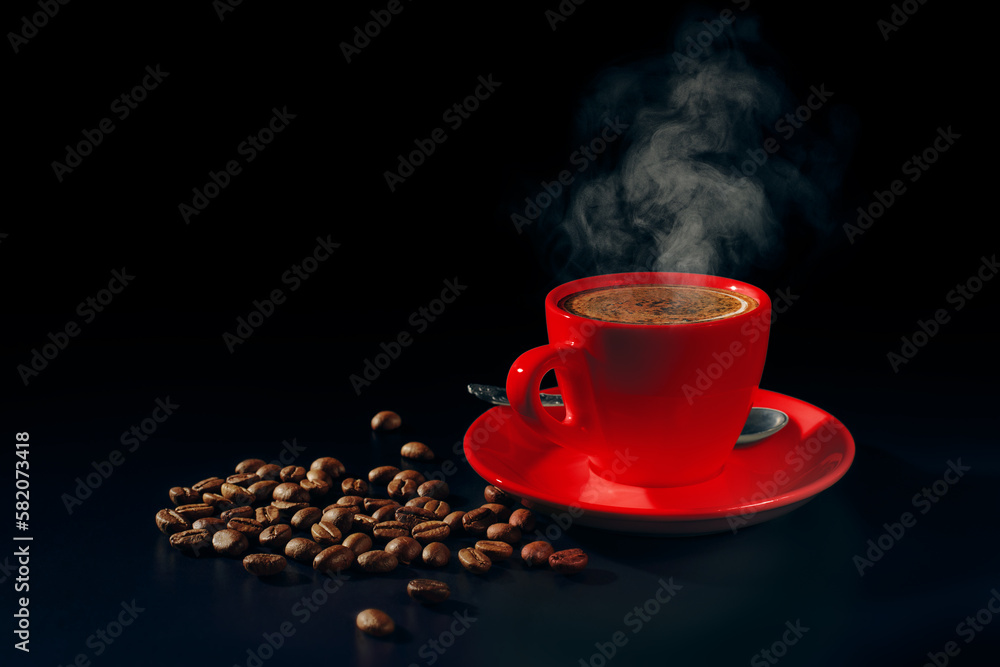 Red cup of hot black coffee with steam and coffee beans on dark background. Low key. Copy space. Coffee break time.