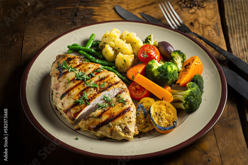 Healthy balanced meal of grilled chicken and fresh vegetables. Generative AI