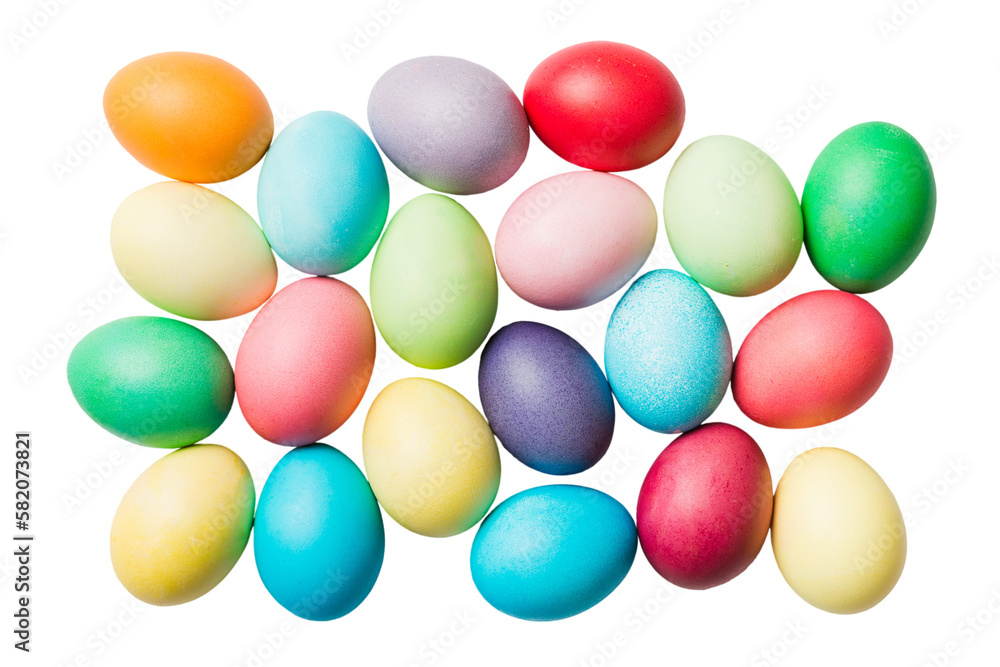Basket of colorful Easter eggs isolated on white background. Easter basket filled with colored eggs top view holiday concept Basket of colorful Easter eggs isolated on white background. Easter basket filled with colored eggs top view holiday concept
