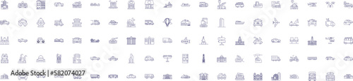 City and movement line icons signs set. Design collection of city, movement, transportation, urban, pedestrian, bike, car, bus outline concept vector illustrations