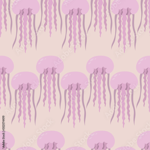 Pink jellyfish. Eared Aurelia. Seamless vector pattern. Endless ornament of marine invertebrates with tentacles. Flat style. Isolated pink background. Ocean dweller. Idea for web design.
