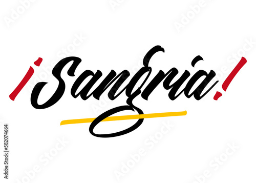Bebida tradicional española. Letras palabra Sangría en texto manuscrito en español con los colores de la bandera de España