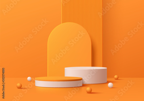 3D realistic orange and white cylinder pedestal podium background with geometric backdrop. Minimal wall scene mockup products stage for showcase, Banner promotion display. Abstract vector empty room.