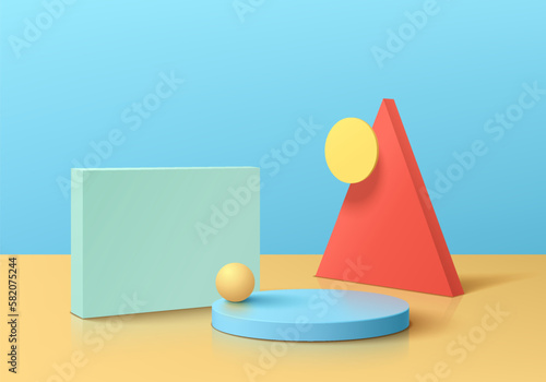 3D realistic blue cylinder product pedestal podium with pastel colorful geometric background. Wall minimal scene, mockup product stage showcase, Banner promotion display. Abstract vector empty room.