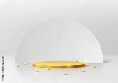 3D realistic golden cylinder podium background with luxury white semi circle backdrop and beads. Vector abstract geometric forms. Wall minimal scene, mockup products stage showcase, Promotion display.