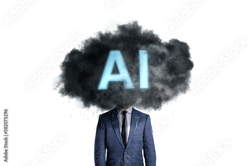 A person's head covered by an AI-labeled dark cloud - isolated
