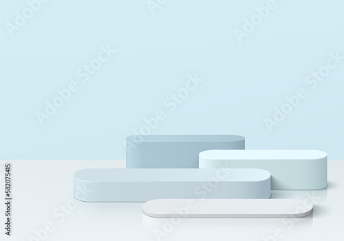 Set of steps 3D realistic white and blue round pedestal podium background. Abstract vector geometric platforms. Wall minimal scene, Empty mockup products for stage showcase, Banner promotion display.
