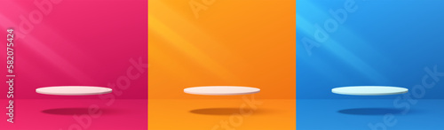 Set of 3D realistic white cylinder podium floating on air in pink, orange and blue empty rooms. Abstract vector geometric forms. Wall minimal scene mockup product stage showcase, Promotion display.