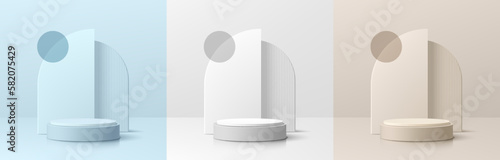 Set of beige, blue and white 3D realistic cylinder pedestal podium with geometric background. Abstract vector clean empty room. Wall minimal scene mockup product stage showcase,  promotion display.