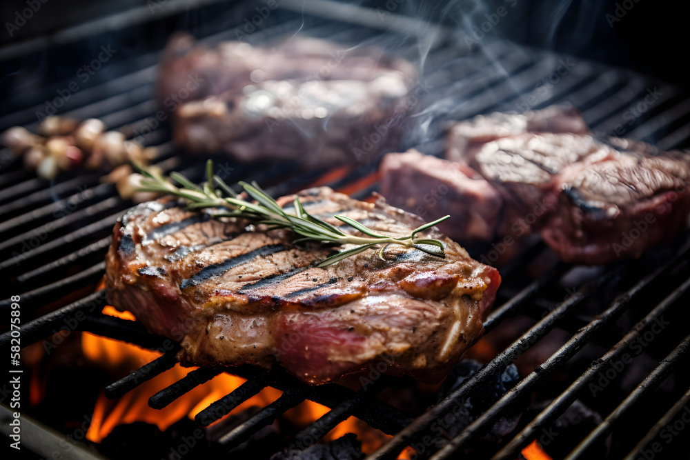 Beef steaks on the grill with flames. Generated AI Beef steaks on the grill with flames. Generated AI