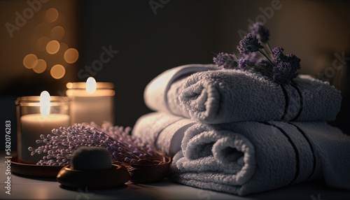 Spa still life with towels  scented candles  lavender branches and blur background  concept of water  wellness and spa