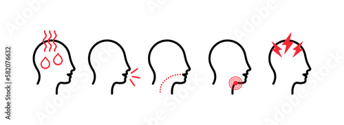 Illness symptoms icons set. Line icons, black, red, various disease symptoms. Vector icons.