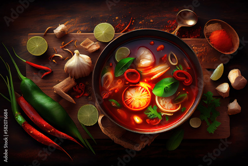 Tom Yam soup with seafood on black bowl on grey wooden table. Generative Ai