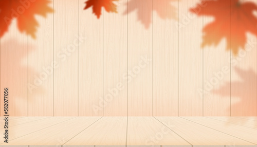 Autumn Display Podium Decoration Background with Mable Leaves on Wood Wall,Vector Empty minimal Studio room for product template design for Autumn,Fall Season,Backdrop Banner for Product presentation