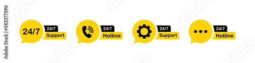 24 7 support icons set. Flat, yellow, online support. Vector icons.