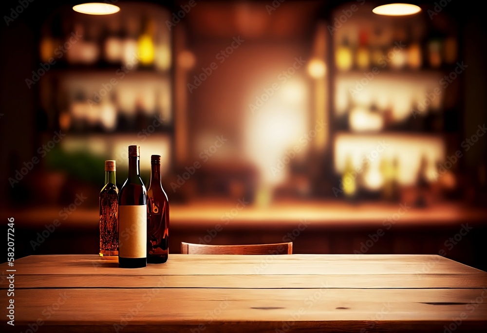 Bokeh Background of Cafe Bar with Blurred Counter, Tables, and Wine Bottles